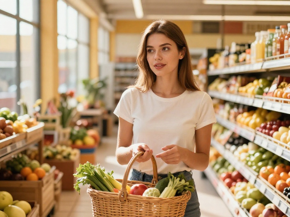 Молодая женщина с покупками в испанском супермаркете выбирает продукты с умным выражением лица